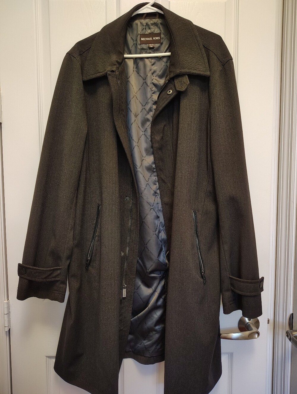 Michael Kors Men's Dark Gray/Black Herringbone Pattern Trench Overcoat XL